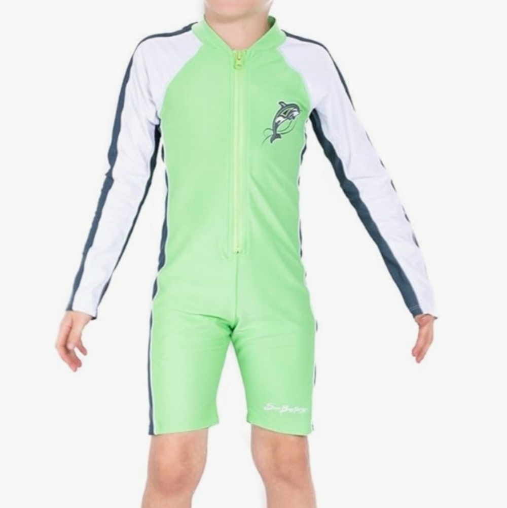 Boys One Piece Long Sleeve Sunsuit Swim Suit UPF 50+ Sun Protection Green Navy - Picture 3 of 3